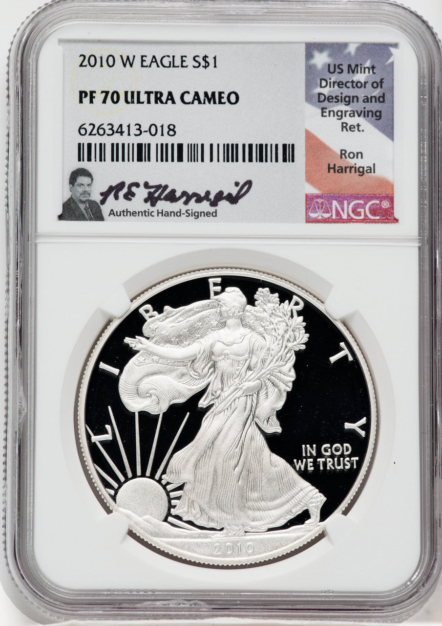 2010-W American Silver Eagle NGC PF70 Ultra Cameo Ron Harrigal Signed