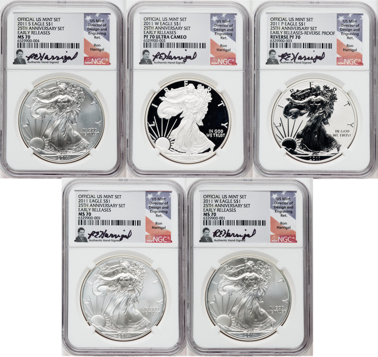 2011 Silver Eagle NGC 5-Coin Set PF70/MS70 Ron Harrigal Signed