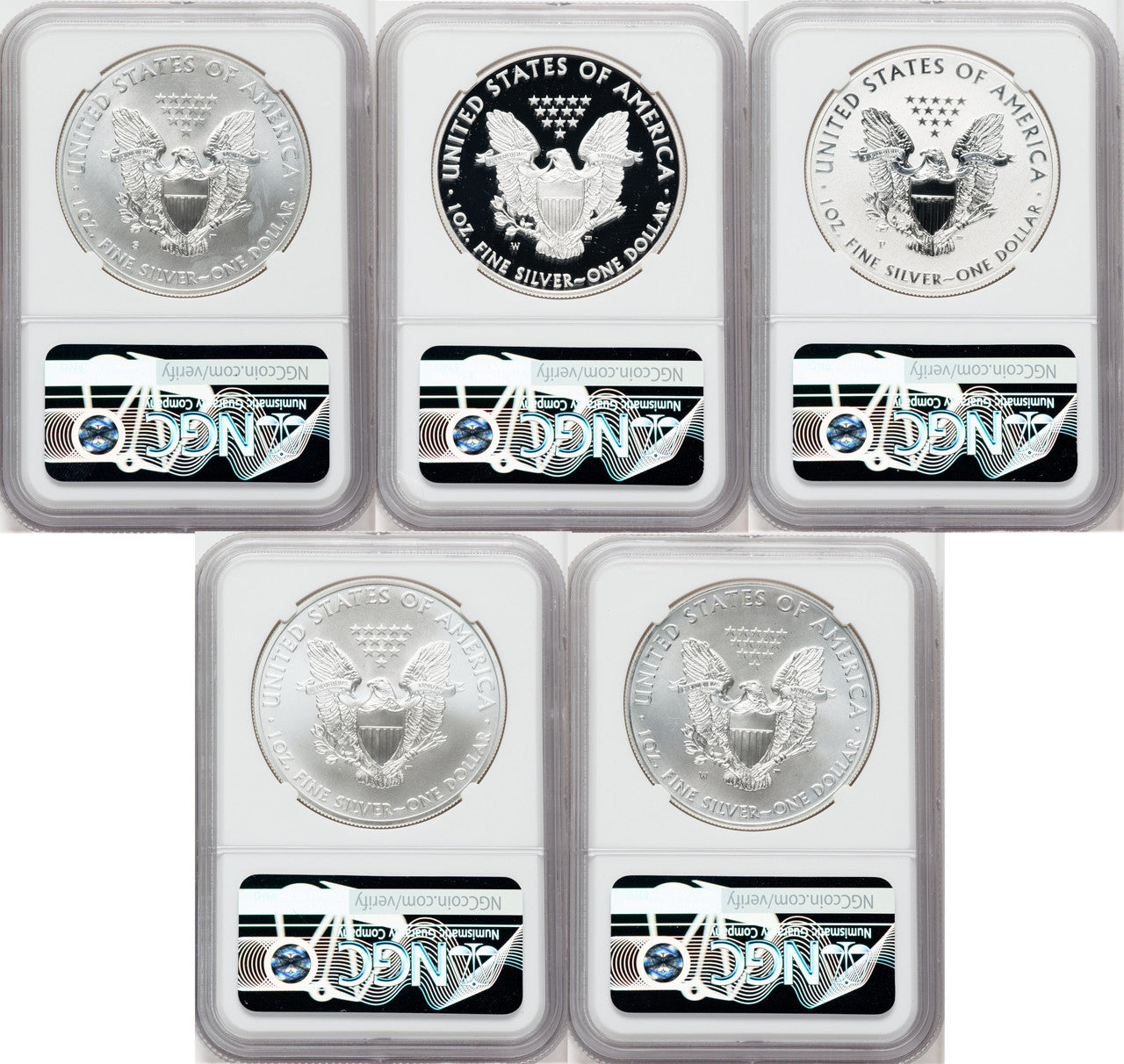 2011 Silver Eagle NGC 5-Coin Set PF70/MS70 Ron Harrigal Signed
