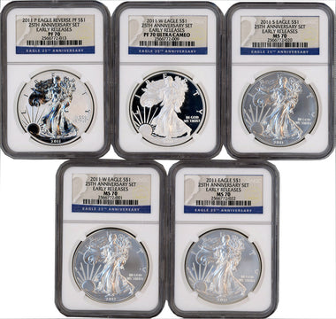 2011 Silver Eagle 25th Anniversary 5-pc Set Early Releases NGC MS70/PF70
