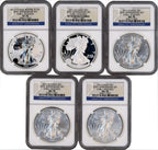 2011 Silver Eagle 25th Anniversary 5-pc Set Early Releases NGC MS70/PF70