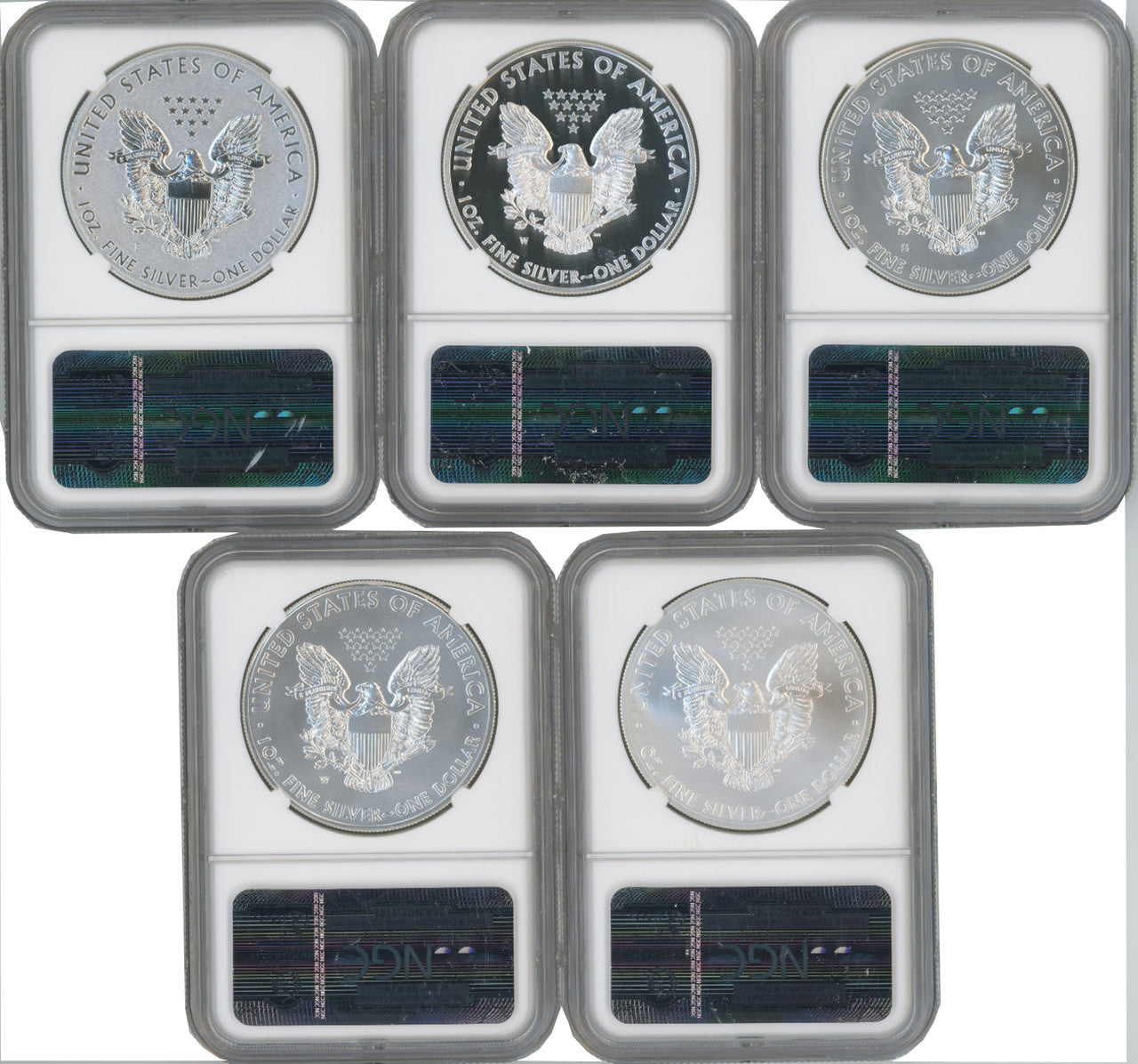 2011 シルバーイーグル25周年記念5枚セット PF70 MS70 最高評価 2011 Silver Eagle 25th Anniversary 5-pc Set NGC MS70/PF70 | LCR Coin