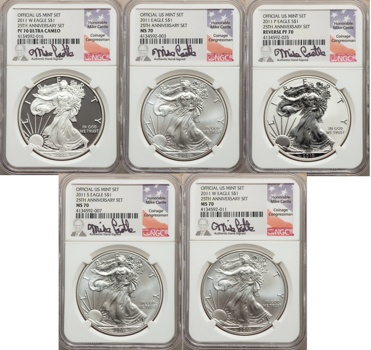 2011 Silver Eagle 25th Anniversary 5-pc Set NGC 70 Castle Signed