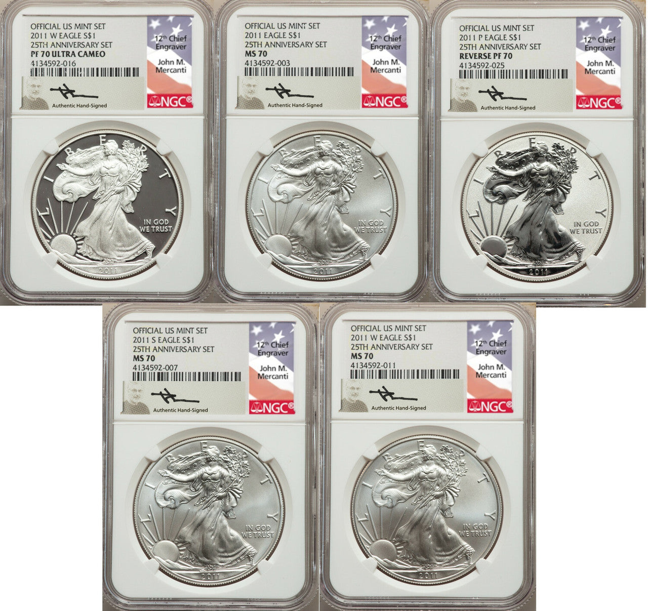 2011 Silver Eagle 25th Anniversary 5-pc Set NGC 70 Mercanti Signed