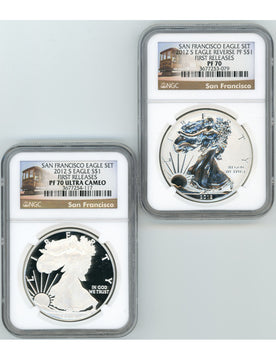 2012-S American Silver Eagle 2pc Set NGC Reverse PF70 and PF70 Trolly Label