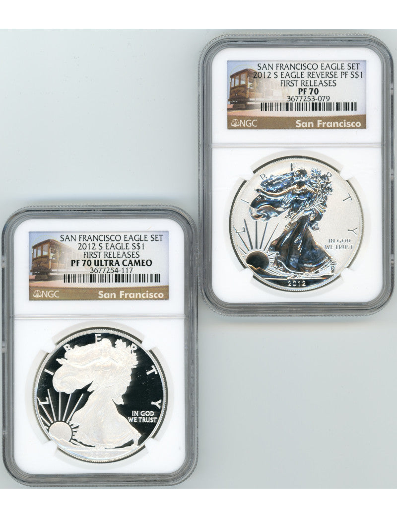 2012-S American Silver Eagle 2pc Set NGC Reverse PF70 and PF70 Trolly Label
