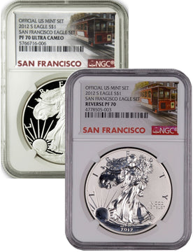 2012-S American Silver Eagle 2-pc Set NGC Reverse PF70 and PF70 Trolly Label