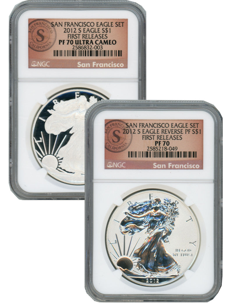 2012-S Silver Eagle 2pc Set Reverse NGC PF70 and PF70