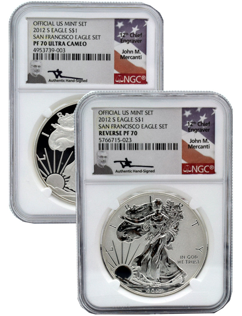 2012-S US Mint American Silver Eagle 2pc Set Reverse PF70 and PF70 Mercanti Signed