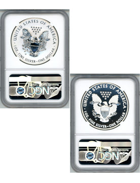 2013-W Silver Eagle 2pc Set Reverse PF70 and SP70 NGC John Mercanti Signed
