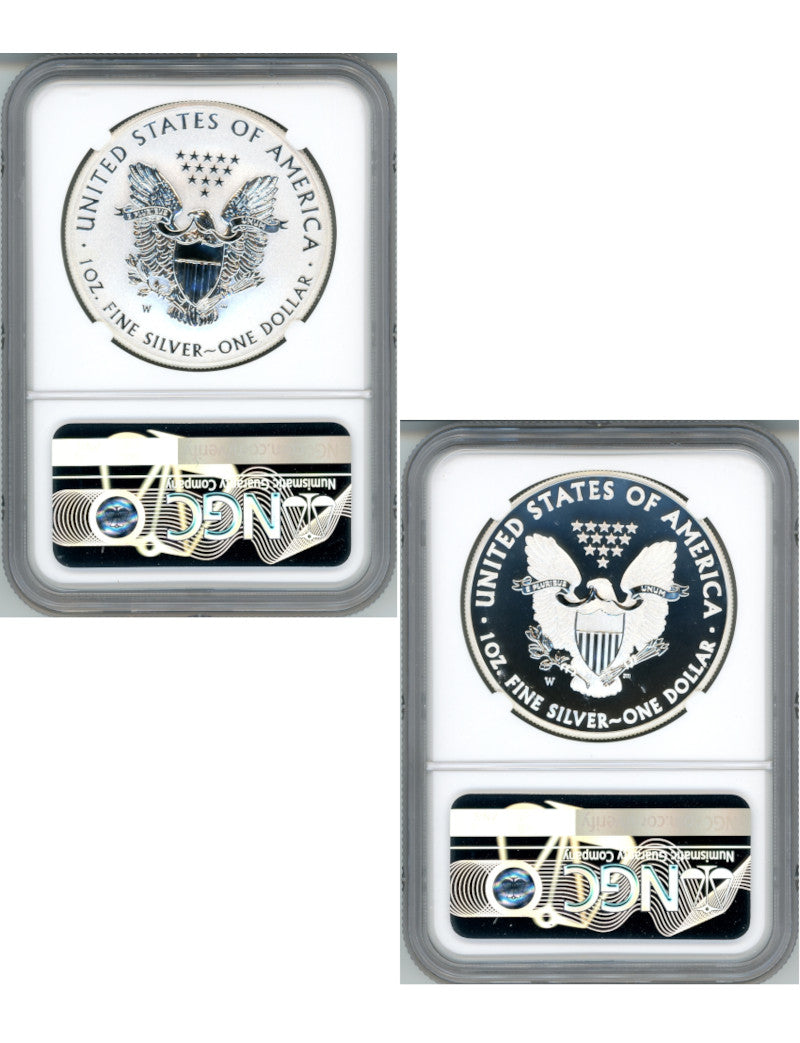 2013-W Silver Eagle 2pc Set Reverse PF70 and SP70 NGC John Mercanti Signed