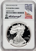 2014-W American Silver Eagle NGC PF70 Ultra Cameo Ron Harrigal Signed