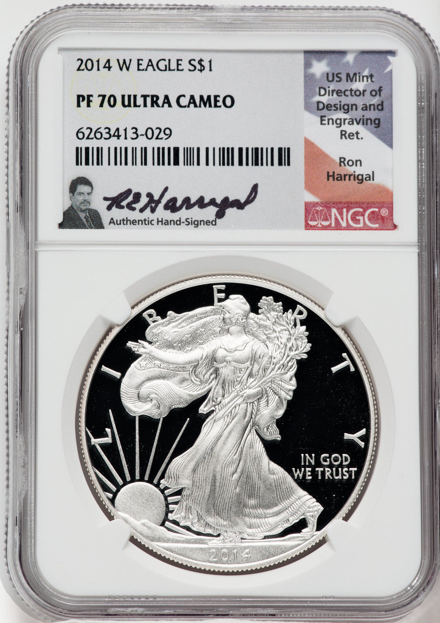 2014-W American Silver Eagle NGC PF70 Ultra Cameo Ron Harrigal Signed
