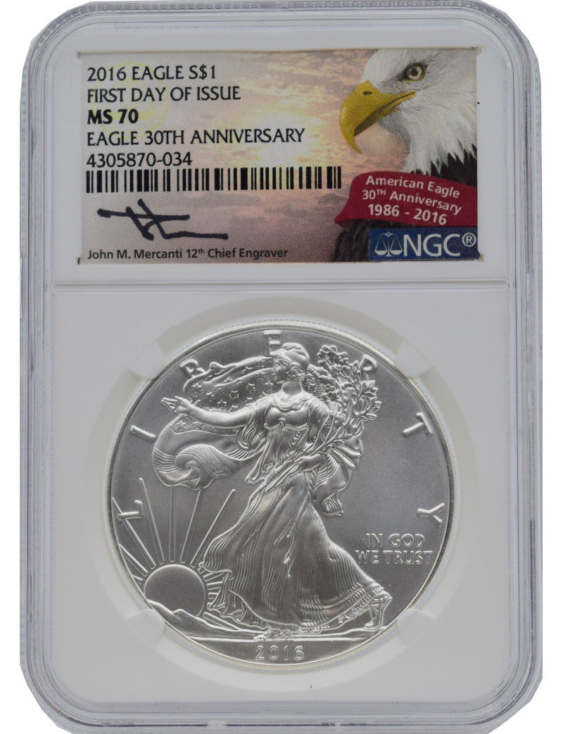 2016 $1 Silver Eagle 30th Anniversary First Strike NGC MS70