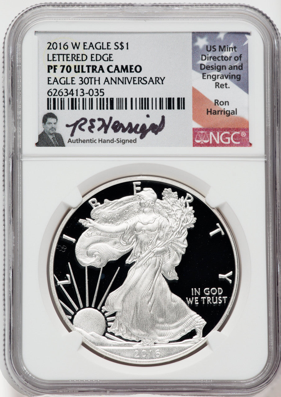 2016-W American Silver Eagle NGC PF70 Ultra Cameo Ron Harrigal Signed