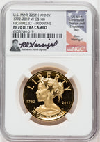2017-W $100 High Relief NGC PF70 Ultra Cameo Ron Harrigal Signed