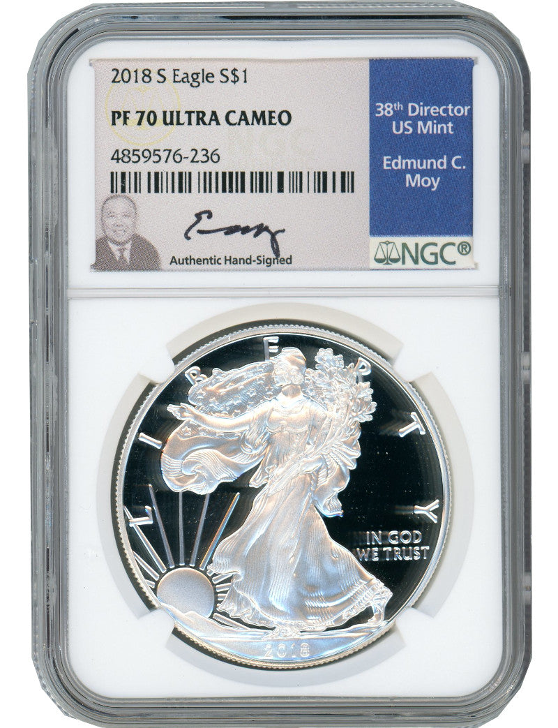 2018-S American Silver Eagle NGC PF70 Ultra Cameo Ed Moy Signed