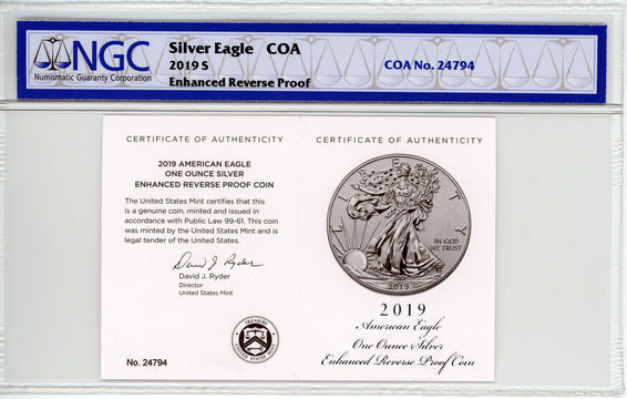 2019-S Enhanced Reverse Proof Silver Eagle Trolly Label First Releases NGC PF70 W/COA
