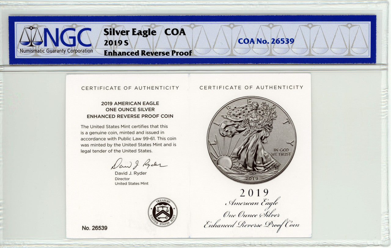 2019-S Enhanced Reverse Proof Silver Eagle First Releases NGC PF70  W/COA