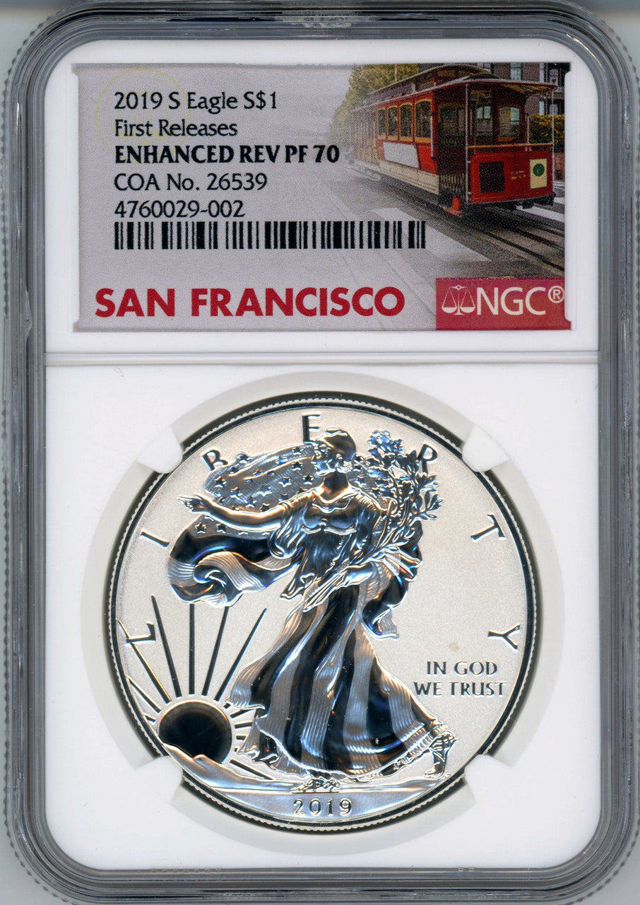 2019-S Enhanced Reverse Proof Silver Eagle First Releases NGC PF70  W/COA