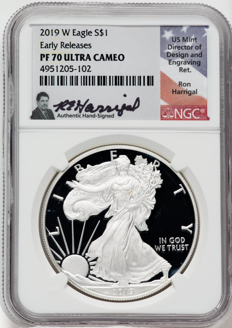 2019-W American Silver Eagle NGC PF70 Ultra Cameo Ron Harrigal Signed