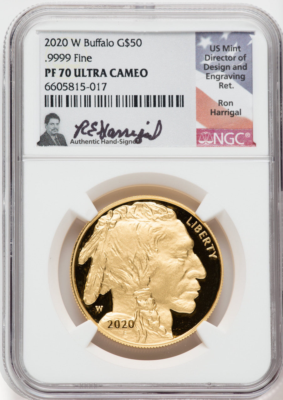 2020-W $50 Gold Buffalo  NGC PF70 Ultra Cameo Ron Harrigal Signed