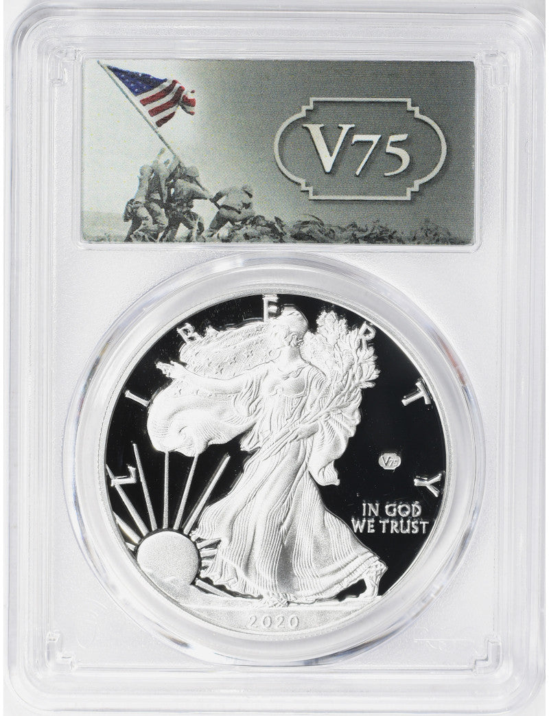 2020-W American Silver Eagle v75 WWII PCGS First Day of Issue PR70DCAM