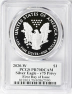 2020-W American Silver Eagle v75 WWII PCGS First Day of Issue PR70DCAM