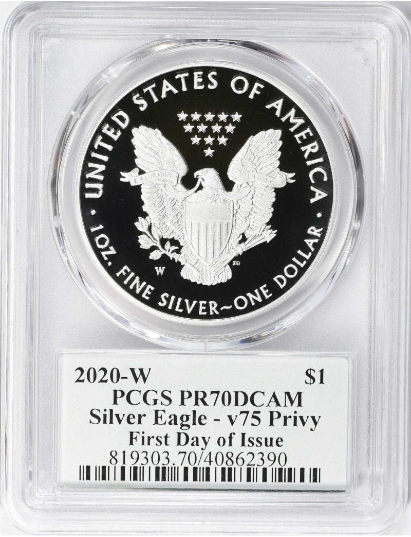 2020-W American Silver Eagle v75 WWII PCGS First Day of Issue PR70DCAM