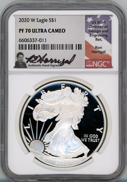 2020-W American Silver Eagle NGC PF70 Ultra Cameo Ron Harrigal Signed