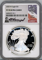 2020-W American Silver Eagle NGC PF70 Ultra Cameo Ron Harrigal Signed