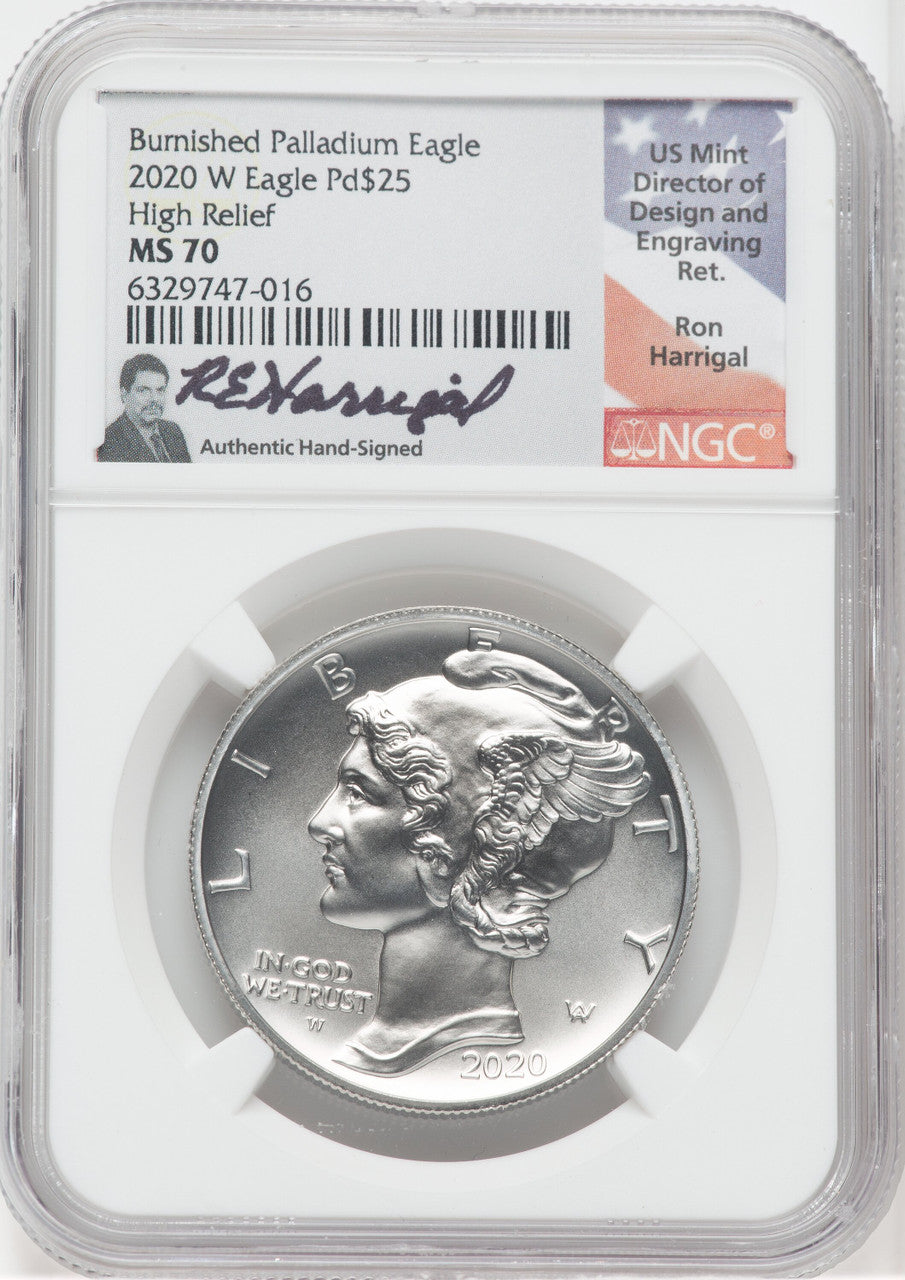 2020-W Palladium Burnished High Relief NGC MS70 Ron Harrigal Signed