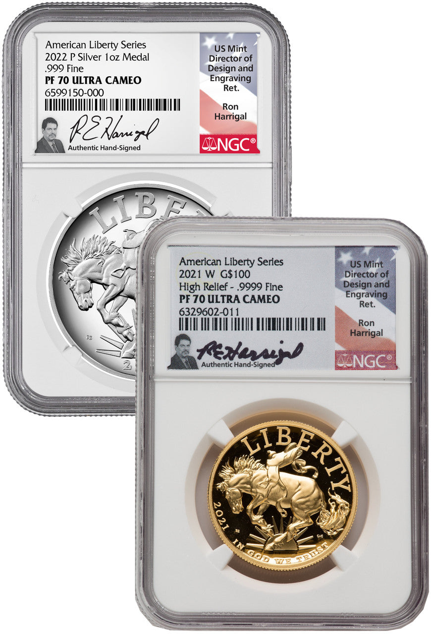 2021-W & 2022-P American Liberty High Relief 2-Coin Set NGC PF70 Harrigal