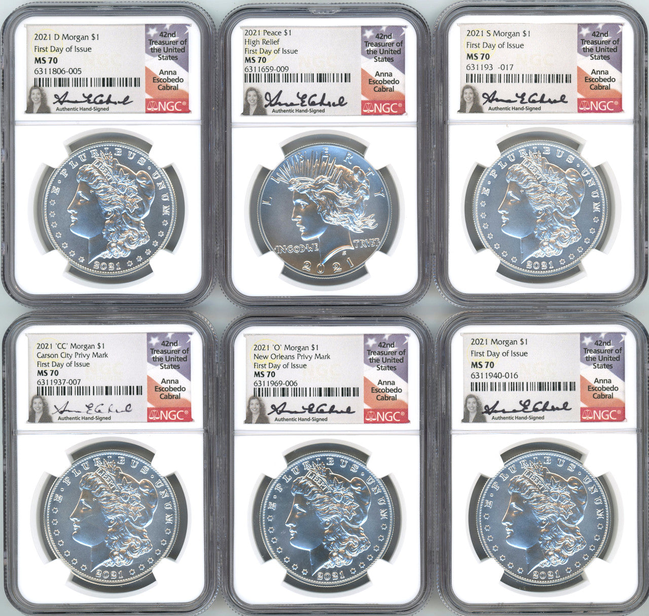2021 Morgan Peace Dollar 6-pc Complete Set FDOI NGC MS70 Anna Cabral