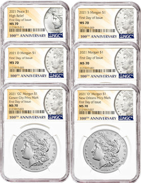 2021 Morgan Peace Dollar First Day of Issue NGC MS70 6-pc Complete Set 100th Anniversary