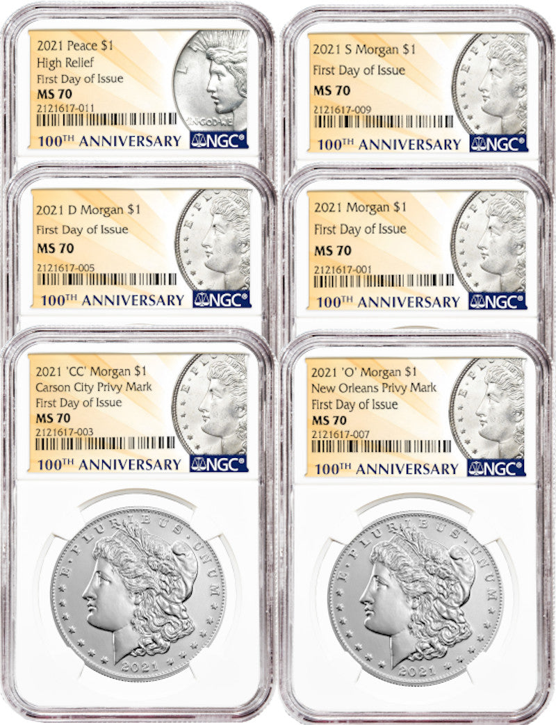 2021 Morgan Peace Dollar First Day of Issue NGC MS70 6-pc Complete Set 100th Anniversary