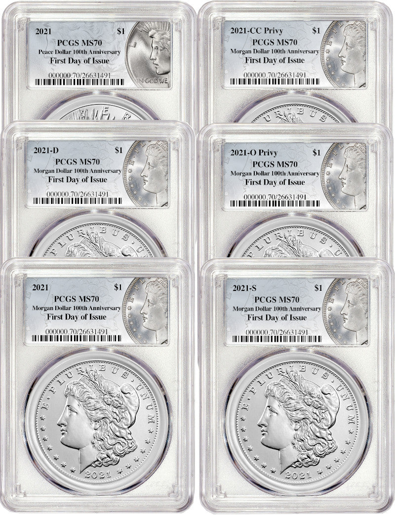 2021 Morgan Peace Dollar First Day of Issue PCGS MS70 6-pc Complete Set 100th Anniversary