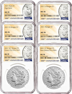 2021 Morgan Peace Dollar NGC MS70 6-pc Complete Set 100th Anniversary