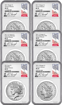 2021 Morgan Peace Dollar 6-pc Complete Set AR 100th Anniversary NGC MS70 Ron Harrigal Signed