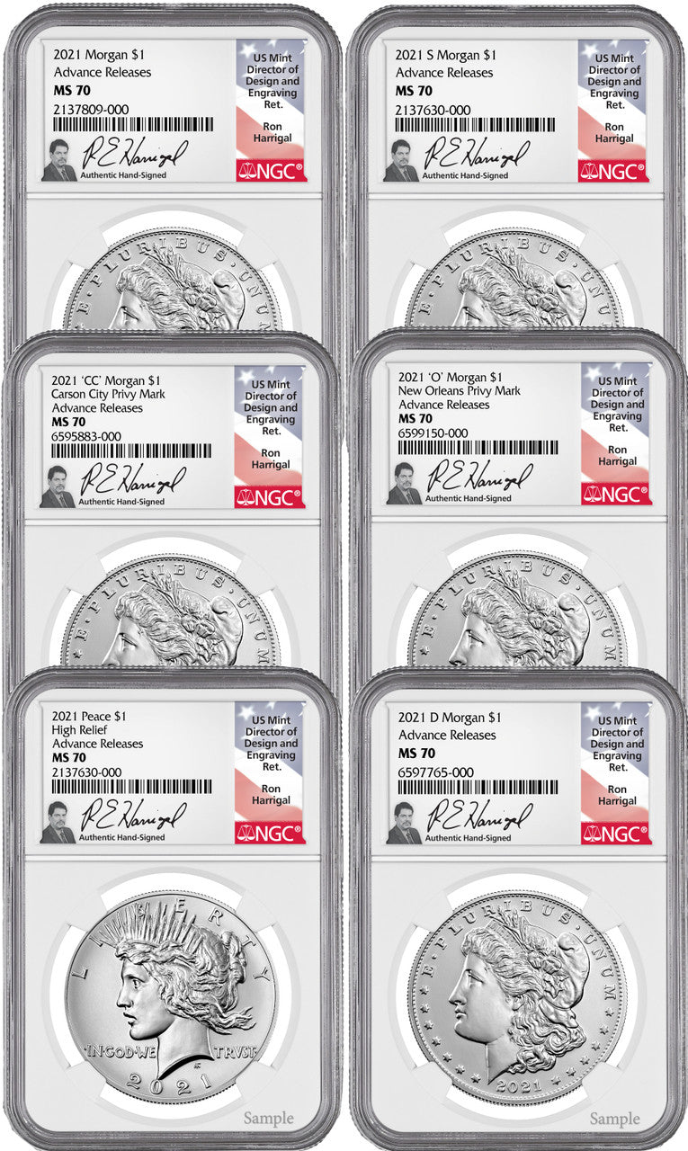 2021 Morgan Peace Dollar 6-pc Complete Set AR 100th Anniversary NGC MS70 Ron Harrigal Signed