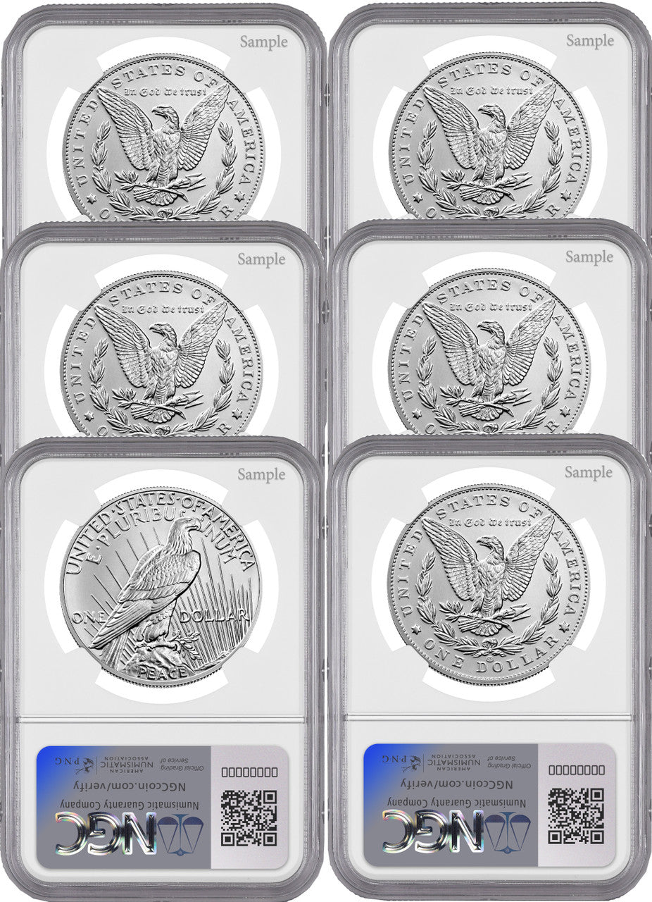 2021 Morgan Peace Dollar 6-pc Complete Set AR 100th Anniversary NGC MS70 Ron Harrigal Signed