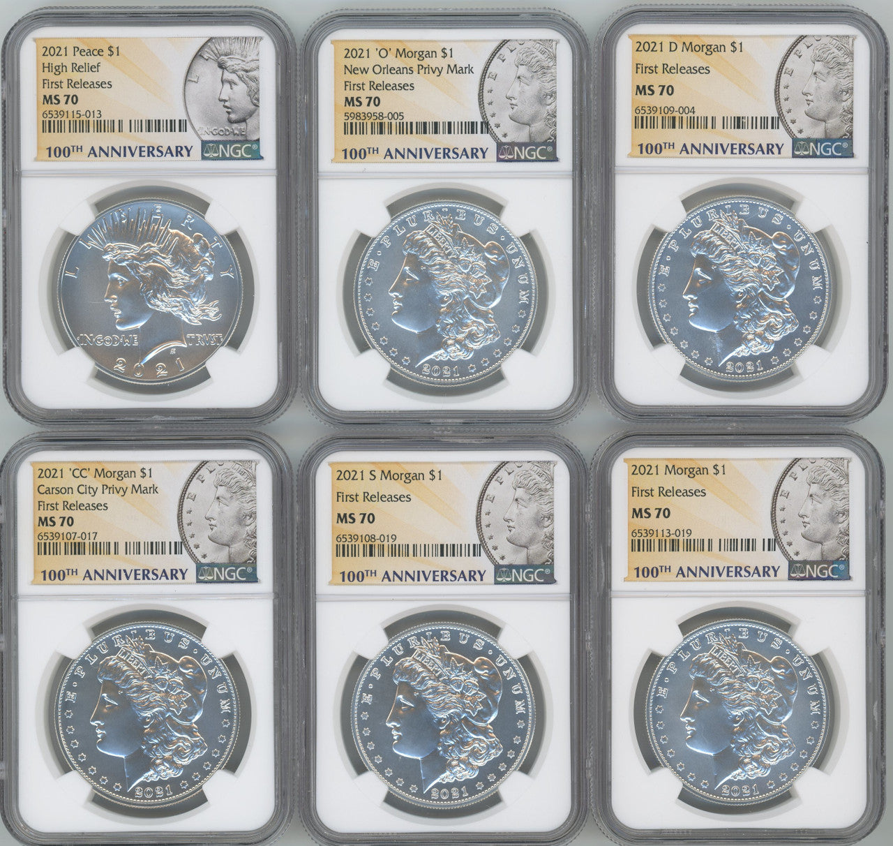 2021 Morgan Peace Dollar First Releases NGC MS70 6-pc Complete Set