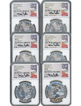 2021 Morgan Peace Dollar First Day of Issue NGC MS70 6-pc Complete Set 100th Anniversary Castle Signed