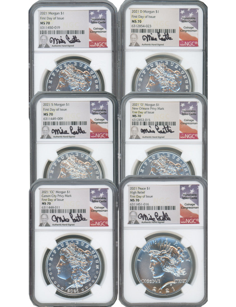 2021 Morgan Peace Dollar First Day of Issue NGC MS70 6-pc Complete Set 100th Anniversary Castle Signed