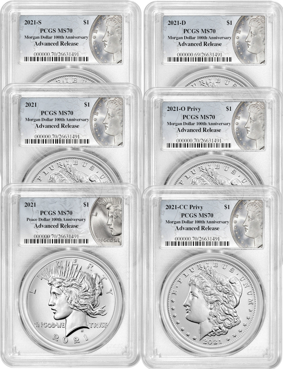 2021 Morgan Peace Dollar Advanced Release PCGS MS70 6-pc Complete Set 100th Anniversary