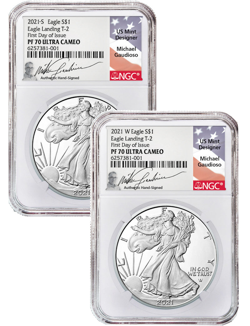 2021-S 2021-W Type 2 Silver Eagle 2-Coin Set NGC PF70UCAM Michael Gaudioso Signed