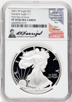 2021-W T1 Silver Eagle First Day of Issue NGC PF70 Ultra Cameo Ron Harrigal Signed