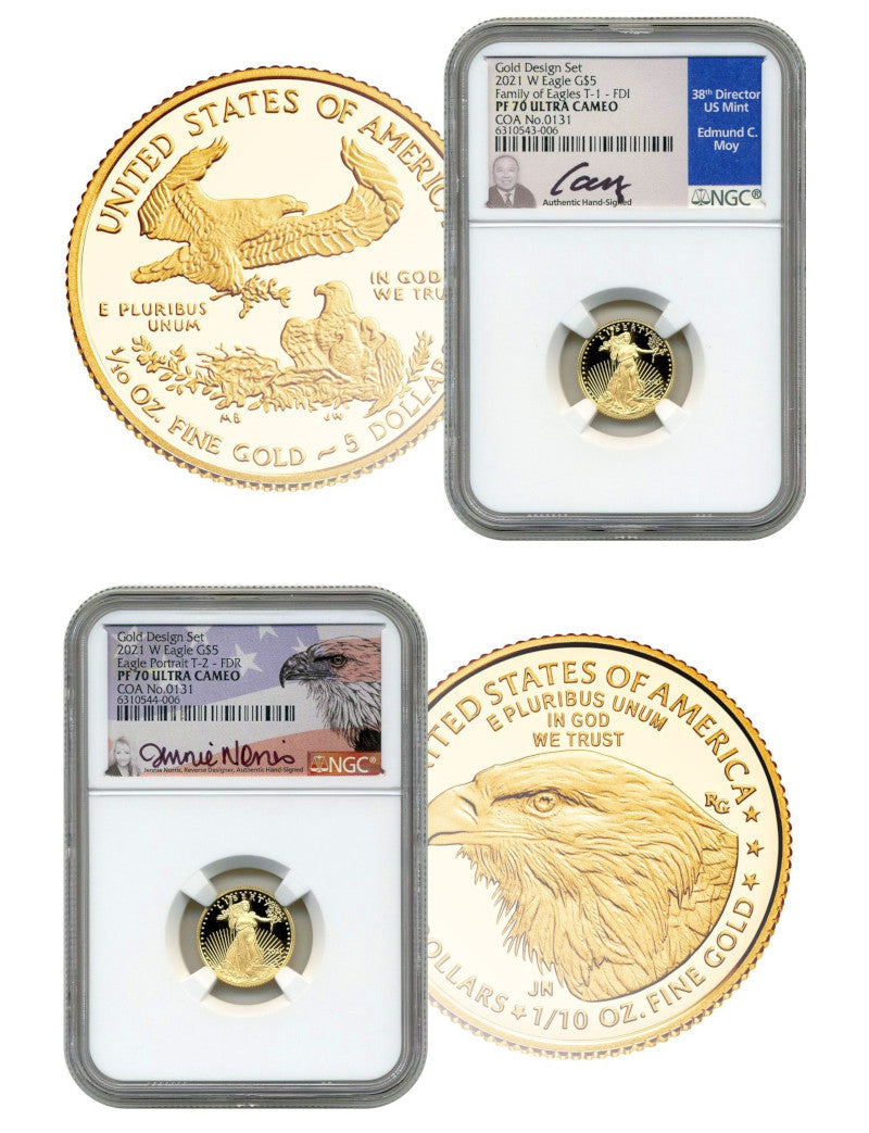 2021-W $5 Gold Eagle 2-Coin set T1 & T2 NGC PF70 Signed Moy Norris w/COA