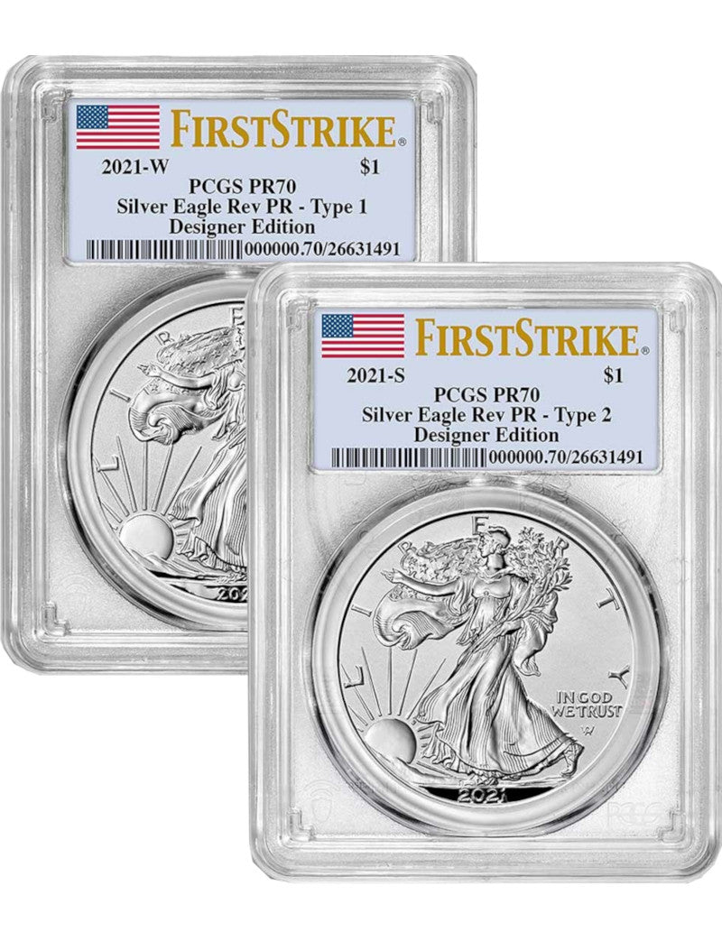 2021-S 2021-W 2pc Silver Eagle Set Reverse Proof Type 1 & 2 Designer Edition FS PCGS PR70