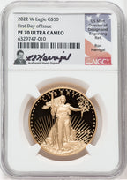 2022 W $50 American Gold Eagle First Day of Issue NGC PF70UCAM Ron Harrigal Signed
